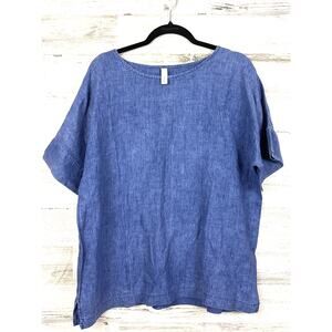 Studio 412 Womens L Blue Organic Linen Lightweight Short Sleeve Tunic Blouse NEW